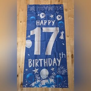 Blue & Silver 'Happy 17th Birthday' Banner with 4 Grommets (58" x 26")